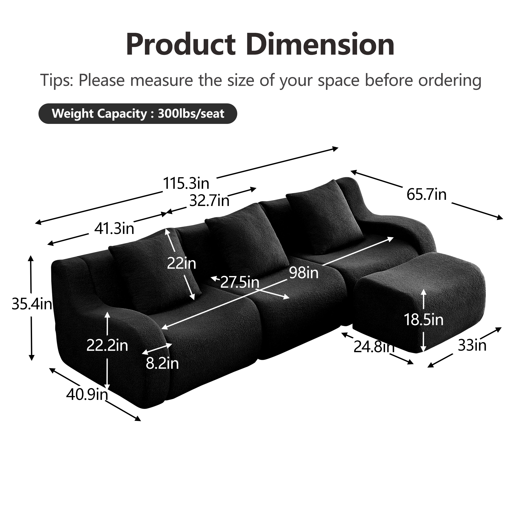 Alvantor Sectional Sofa with Reversible Ottoman L-Shaped 115" W 3-Seater Teddy Boneless Couch Modern Deep Seat Cloud Sofa for Living Room Black