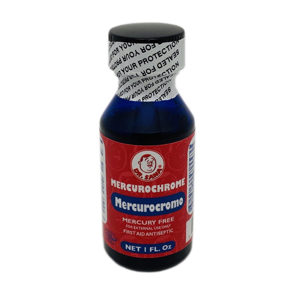 Dr Sana Mercurochrome. Mercury Free First Aid Antiseptic. For Cuts, Scrapes and Burns. For External Use. 1 fl.oz. Pack of 3