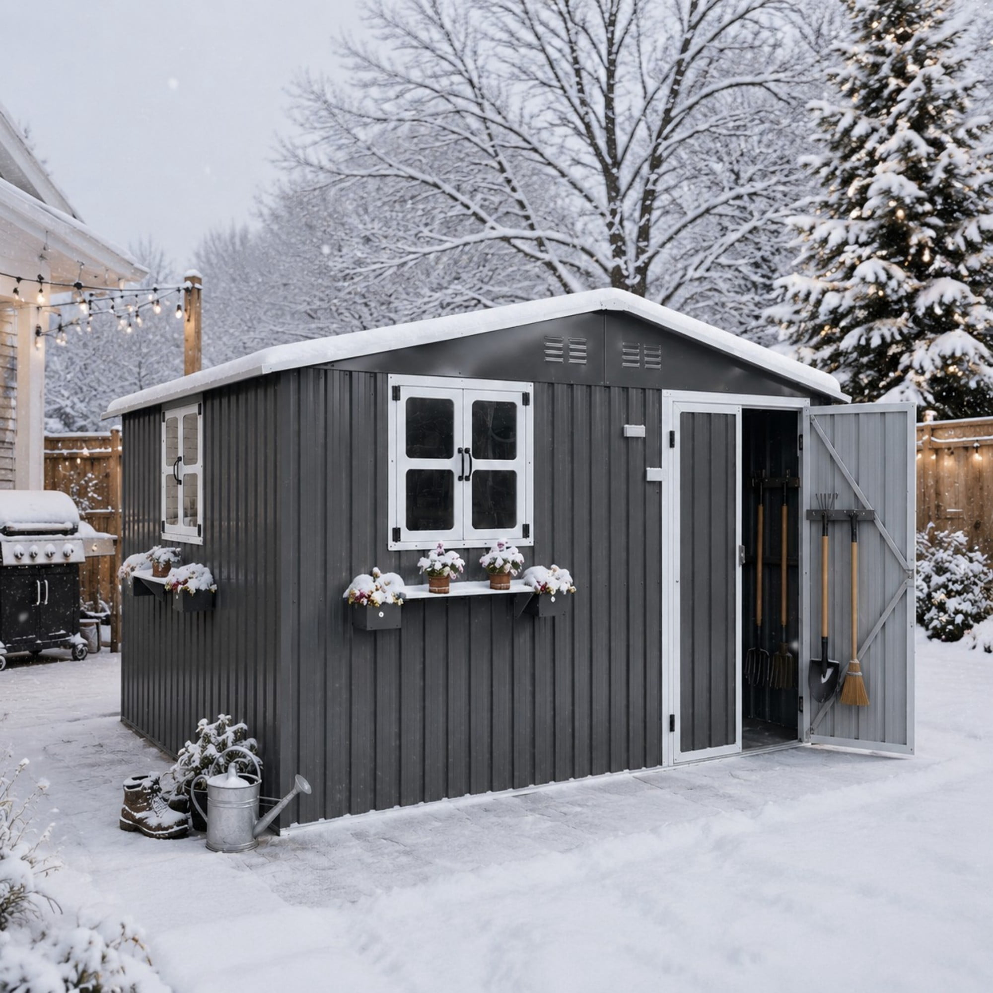 Aukfa 10x8 FT Outdoor Storage Shed with Lockable Doors&Flower Rack, Metal Garden Shed for Bike/Generator/Tool Storage, Gray