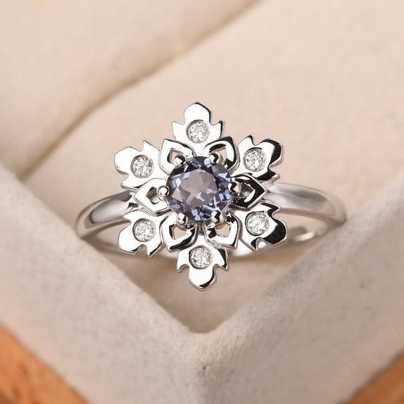 Color changing Lab Alexandrite ring,sterling silver June birthstone ring,unique snowflake ring