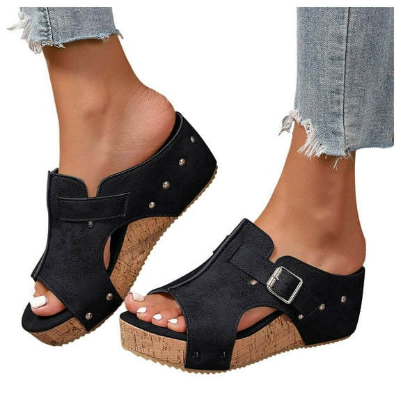 Dakaela Women's Platform Wedge Sandals Comfortable Cork Wedges Heels Slip on Slides Open Toe Casual Dressy Summer Beach Shoes Black 6