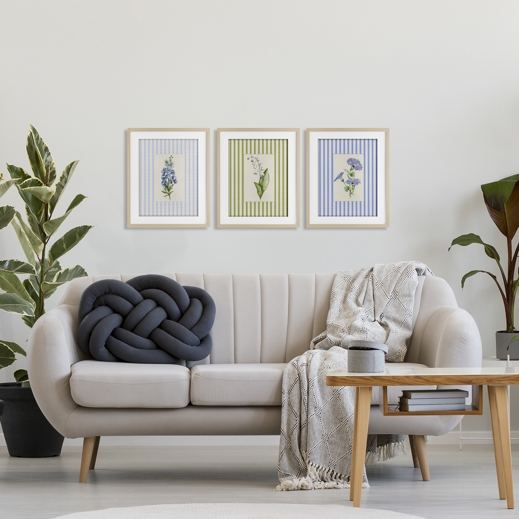 Soft Stripe Cottage Blooms 3 Piece Birch Framed Print Under Glass Set, design by Lisa Wehmeyer