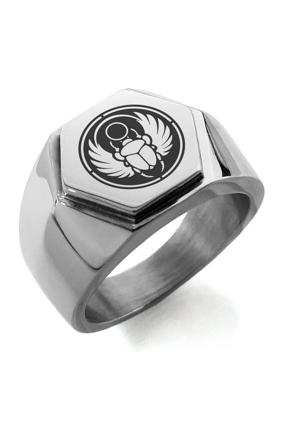 Stainless Steel Scarab Beetle Sun Ring Engraved Hexagon Crest Flat Top Biker Style Polished Ring