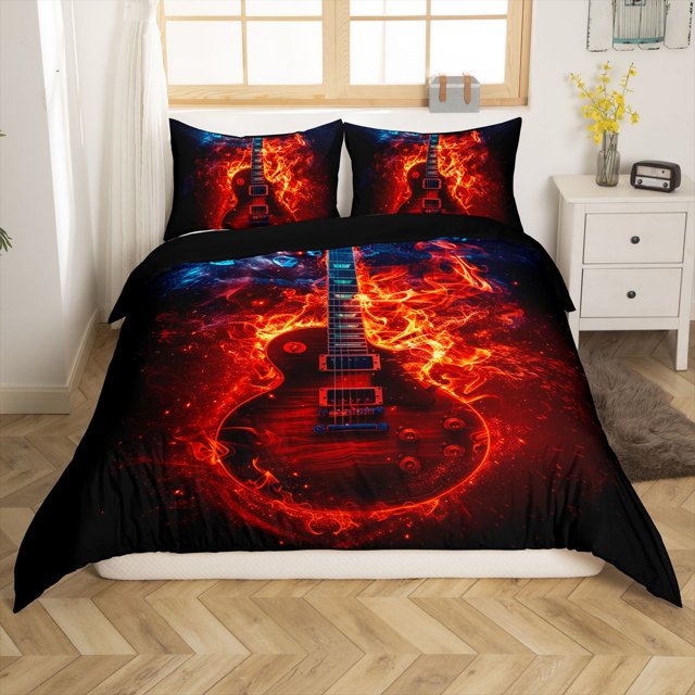 Erosebridal Housse de Couette Guitare Feu, Housse de Couette Musique Pop, Déco Instrument de Musique, Réversible 2 Pcs (Sans Couette)