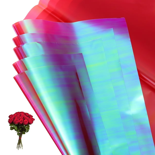 Uxcell Papel de Envoltura para Flores, Plástico Iridiscente de Doble Cara, Empaque de Ramo Impermeable, Rojo Oscuro