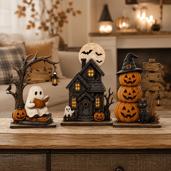 MInHoues 3 Pcs Vintage Halloween Wooden Decorations, Spooky Tabletop Figurine Set, Haunted House Ghost Pumpkin Ornaments, Rustic Centerpiece for Home Kitchen Shelf Tiered Tray