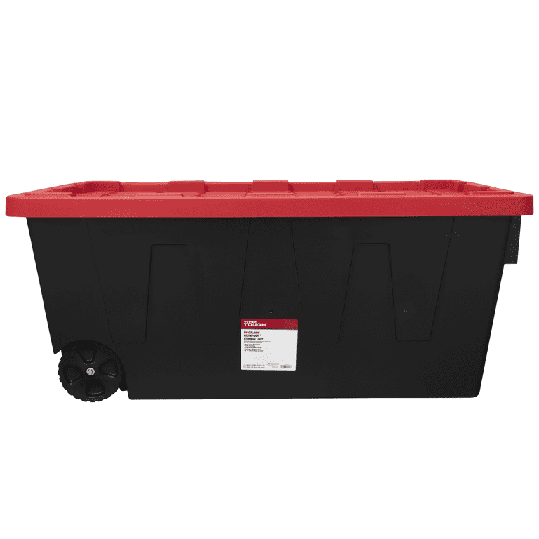 Hyper Tough 50 Gallon Snap Lid Wheeled Plastic Storage Bin Container, Black  with Red Lid 