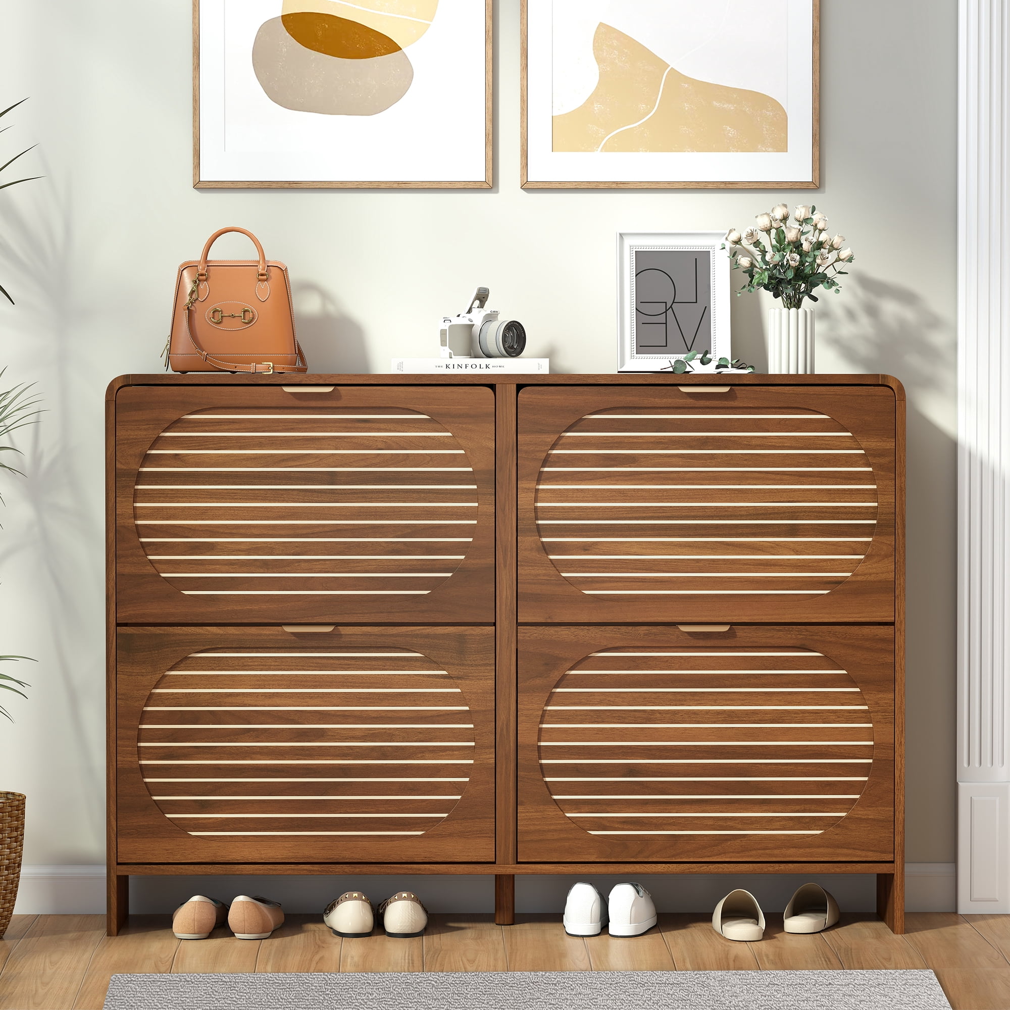 Wirrytor Walnut Curved Oval 4 Flip Drawer Shoe Cabinet, Farmhouse Stripe Pattern Shoe Storage Organizer, Adjustable Shelves Narrow Entryway Shoe Rack With Anti-Tipping Device For Hallway