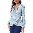 thumbnail image 4 of Blusa de mujer con volantes y escote en V, floral, con lazo autoadherente, peplum, talla XL, azul cielo, 4 of 6