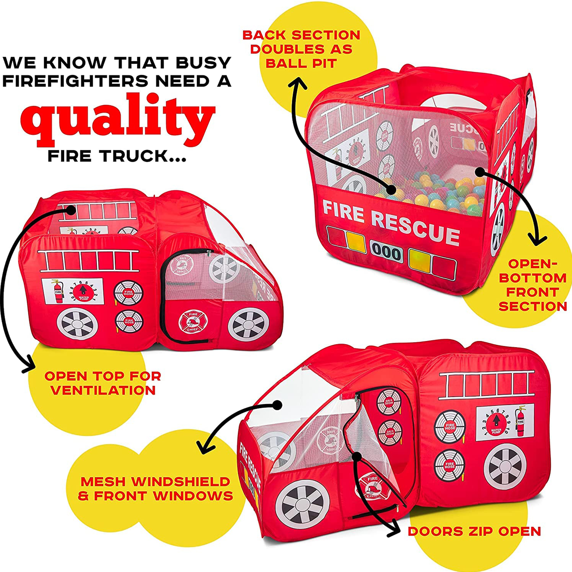 Kiddzery Pretend Playhouse Fire Truck Pop Up Play Tent for Kids with Siren Sound, Red - image 4 of 9