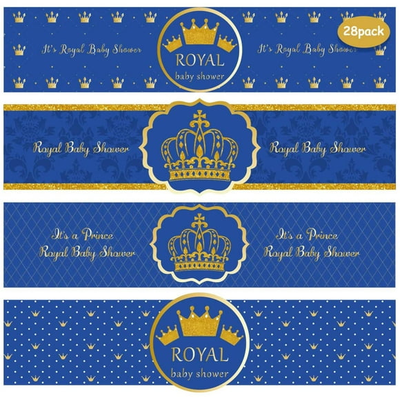 Royal Prince Baby Shower Water Bottle Labels Wrappers for It’s a Boy Royal Blue and Gold Decorations Party Supplies 28 Pack