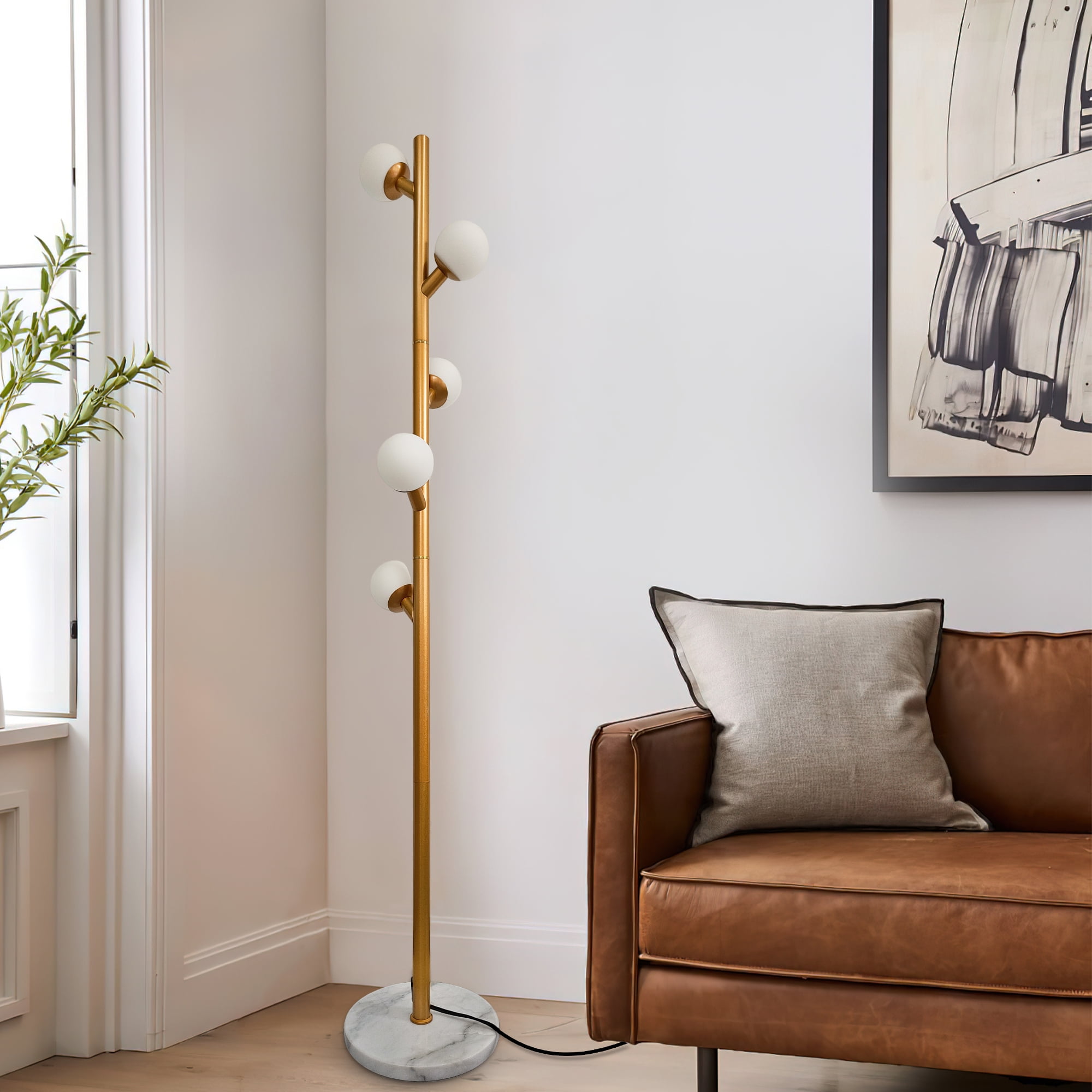 GCGAFUL 5 Glass Globe Floor Lamp for Living Room, Modern Gold Tree-Style Standing Lamp with  Weighted Base, 3000K Warm Soft Light for Bedroom Office