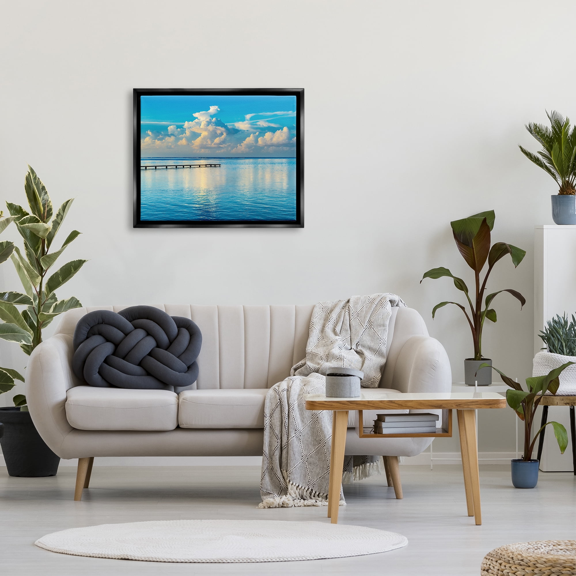Stupell Industries Waterfront Dock Clouds Landscape Photography Black Floater Framed Canvas Art Print Wall Art, 31 x 25