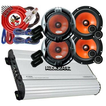 Enrock EM856 Gauge Style Receiver + 4x 6.5" 120W Speakers + 4-Channel Amplifier Bundle