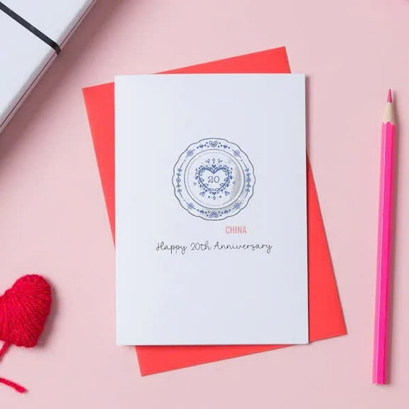 Happy 20th Anniversary Card – Elegant Blue Plate Design – Perfect Greeting for Celebrating Two Decades of Love – Envelope Included