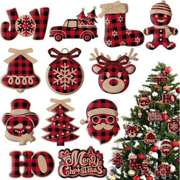 24 Pcs Christmas Buffalo Plaid Hanging Ornaments Christmas Tree Wooden Hanging Decor Wooden Christmas Ornaments Snowflake Reindeer Snowman Plaid Christmas Decor, 12 Styles,Christmas Gift