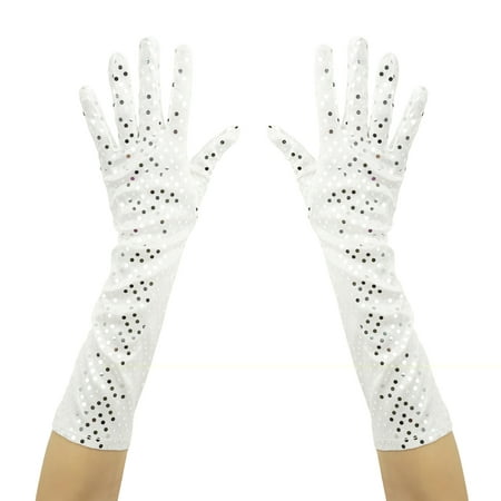 SeasonsTrading White Shiny Sequin Gloves - Prom, Wedding, Evening Formal, Dance, Costume Party