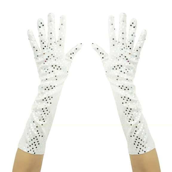 SeasonsTrading White Shiny Sequin Gloves - Prom, Wedding, Evening Formal, Dance, Costume Party