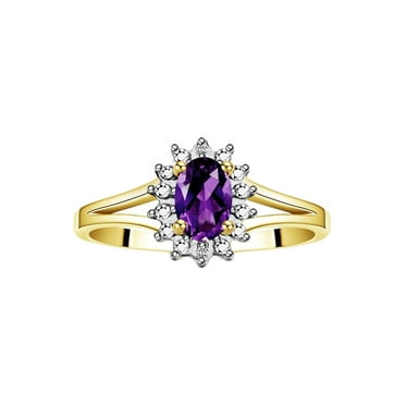 RYLOS Rings for Women 14K Gold Plated Silver Halo of Diamond Birthstone Ring 6X4MM Gemstone February Amethyst Jewelry for Women  Size 5