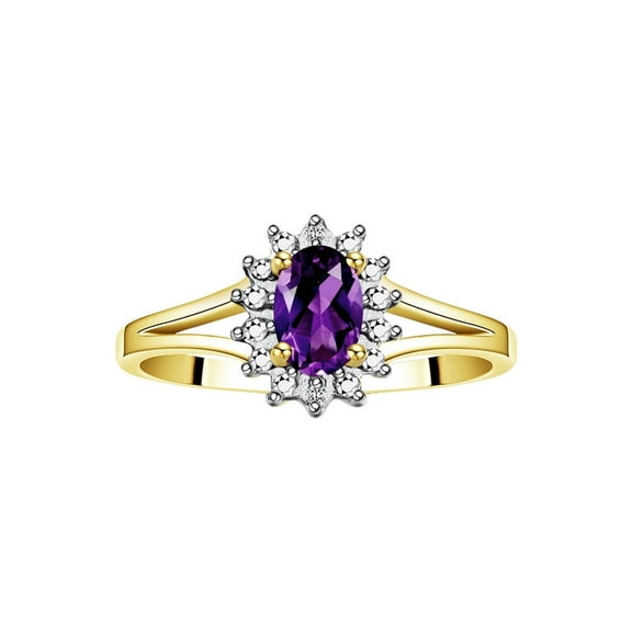 RYLOS Rings for Women 14K Gold Plated Silver Halo of Diamond Birthstone Ring 6X4MM Gemstone February Amethyst Jewelry for Women Size 5