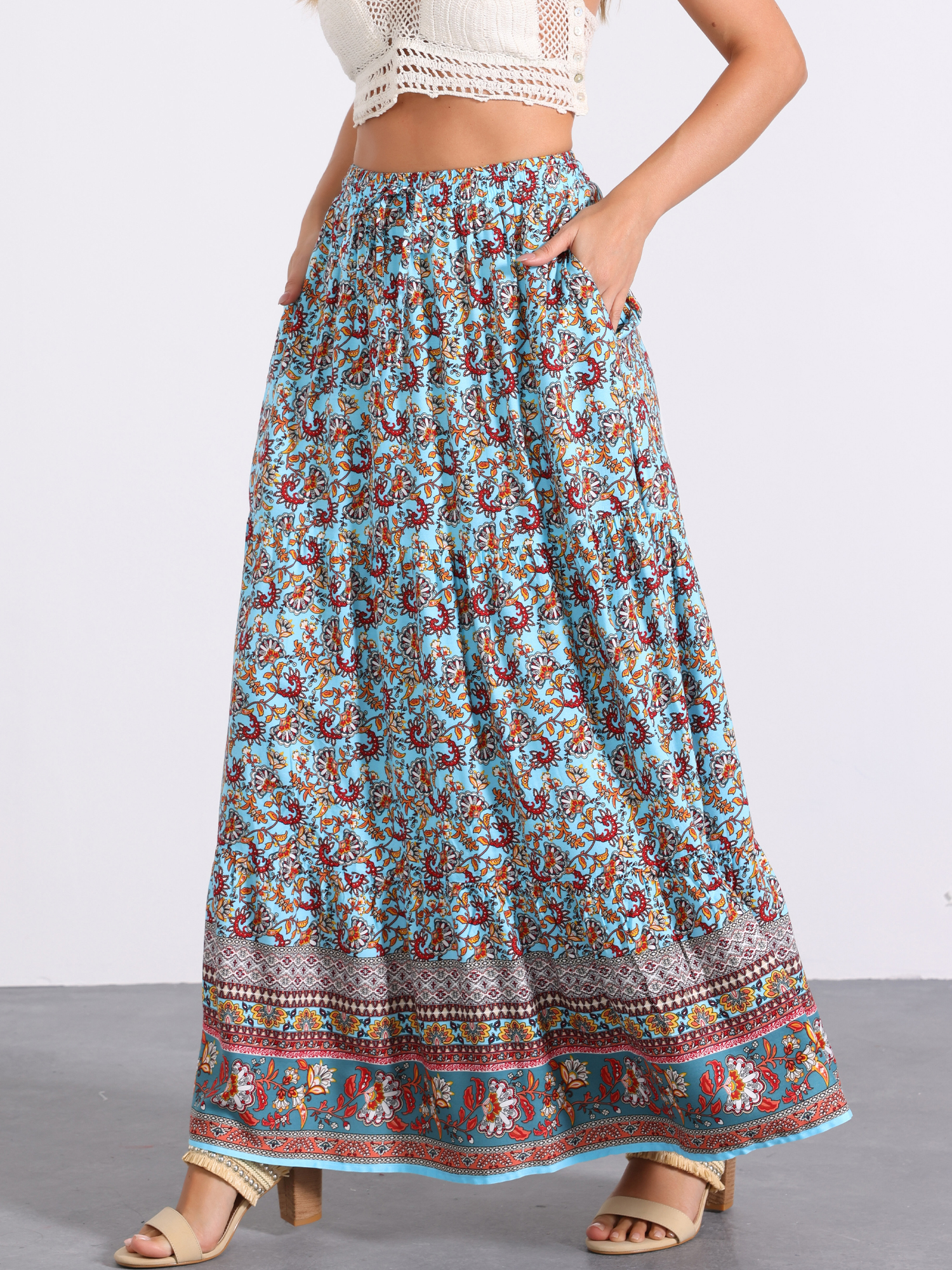 DARING DIVA Women's Boho Flare Floral Skirt XS Blue