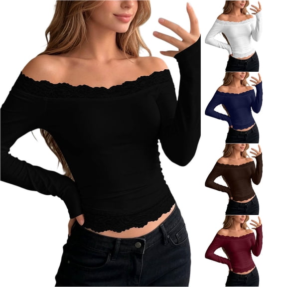 DHFJKG Womens Off The Shoulder Long Sleeve T Shirts Lace Trim Fitted Crop Tops For Women