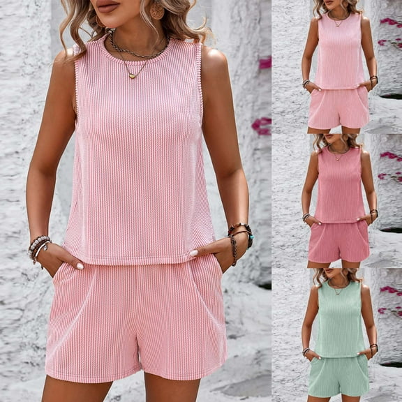 ZZwxWA Womens Crew Neck Solid Color Set Sleeveless Two Piece Outfits Elastic Waist Pockets T Shirts and Shorts