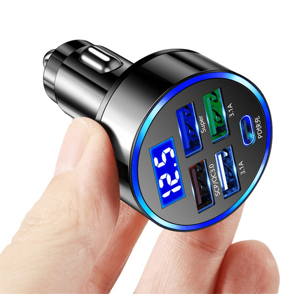 5 in 1 Car Auto Charging Plug Adapter LED Digital Display 15W Car Charger Adapter Fast Charging