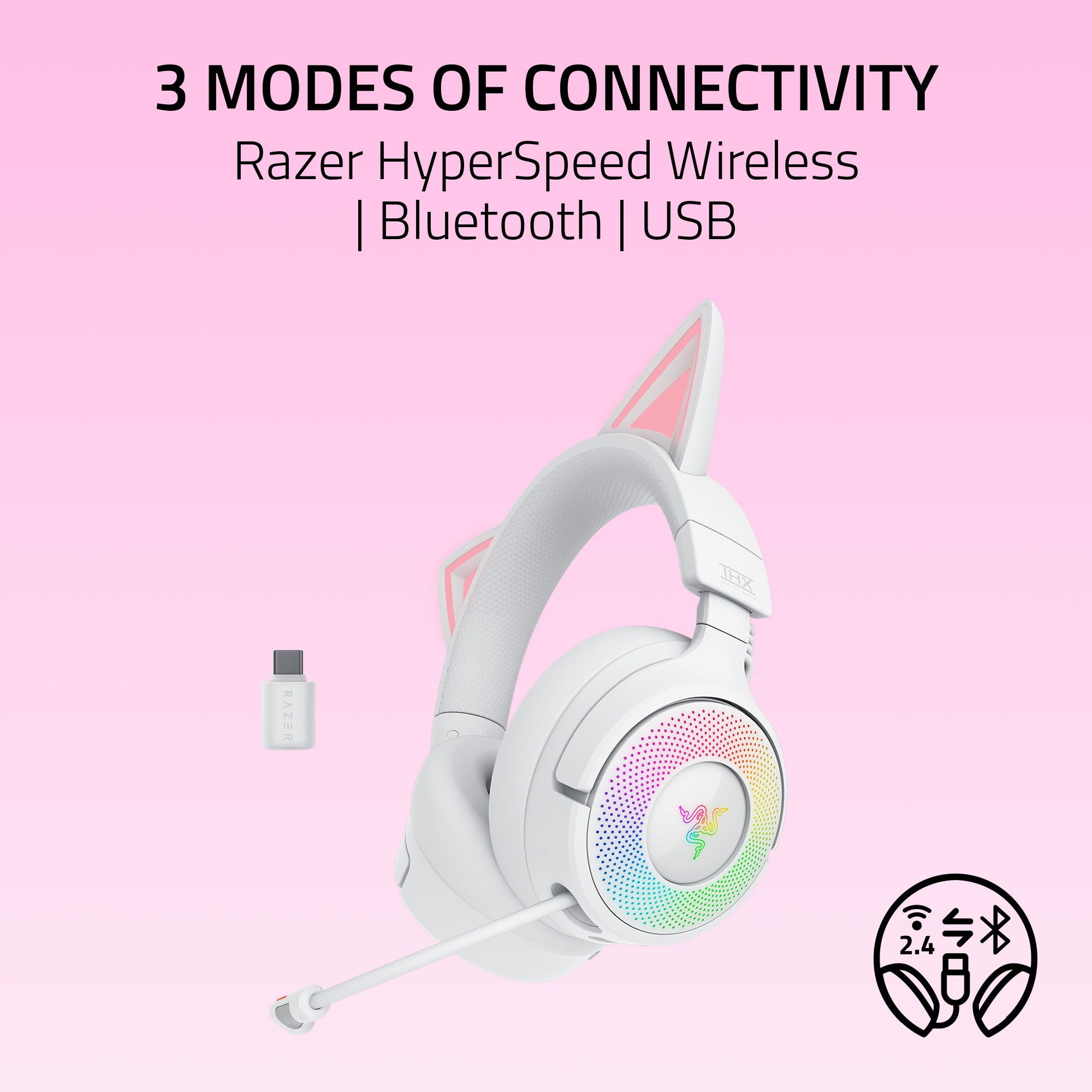 Razer Kraken Kitty V3 Pro Wireless RGB Kitty Headset for Gaming and Streaming, White