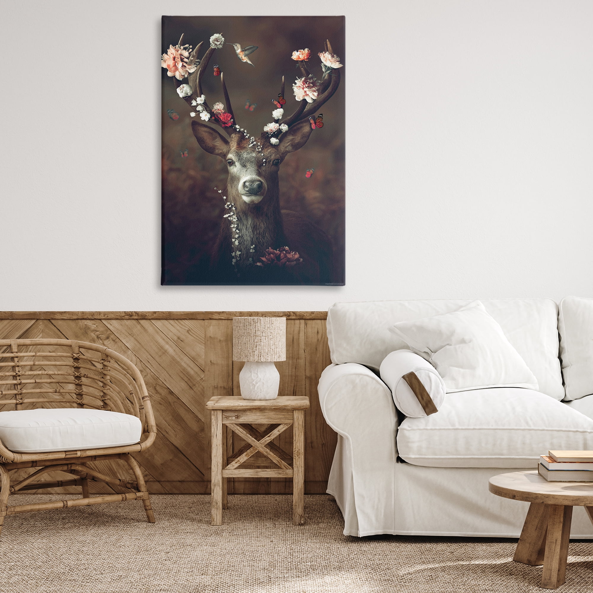 Stupell Industries Flower Bedecked Antlers Animals Painting Wrapped Canvas Art Print Wall Art, 30 x 45