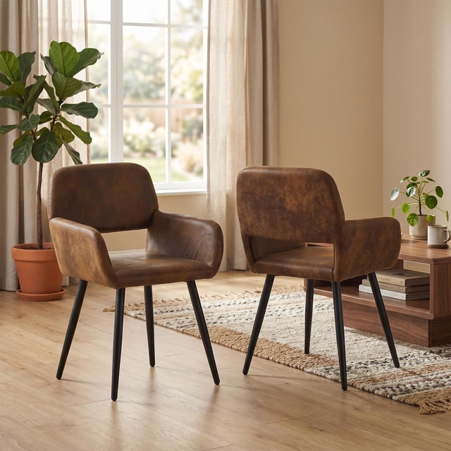 Homy Casa 2-Piece Brown Accent Chairs 31.9'' Upholstered Armchairs with Metal Legs for Dining Room, Bedroom, Office