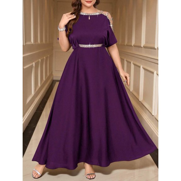 Purple Plus Size Off-Shoulder A-Line Maxi Dress With Rhinestone Trim For Evening Wedding Party