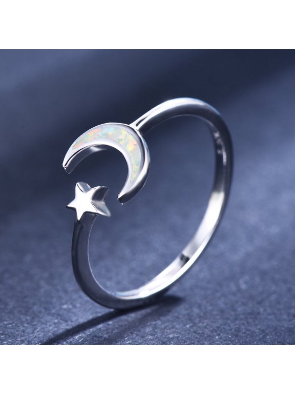 Moon and Star Ring Gold Plated Copper Celestial Jewelry with Opal European American Design Elegant Gift for Women and Girls White Blue