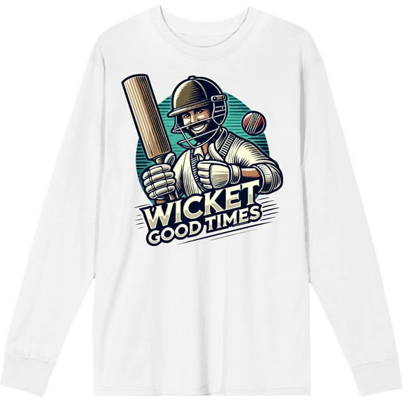 Cricket Sports Wicket Good Time Adult White Crew Neck Long Sleeve Tee-Medium