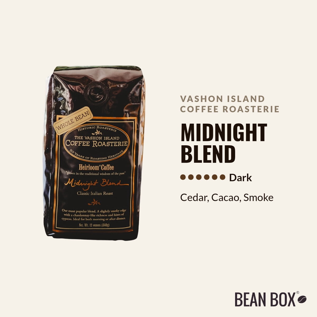 Midnight Blend - Roasted by Vashon Island Coffee Roasterie - Whole Bean Coffee - 12oz Bag