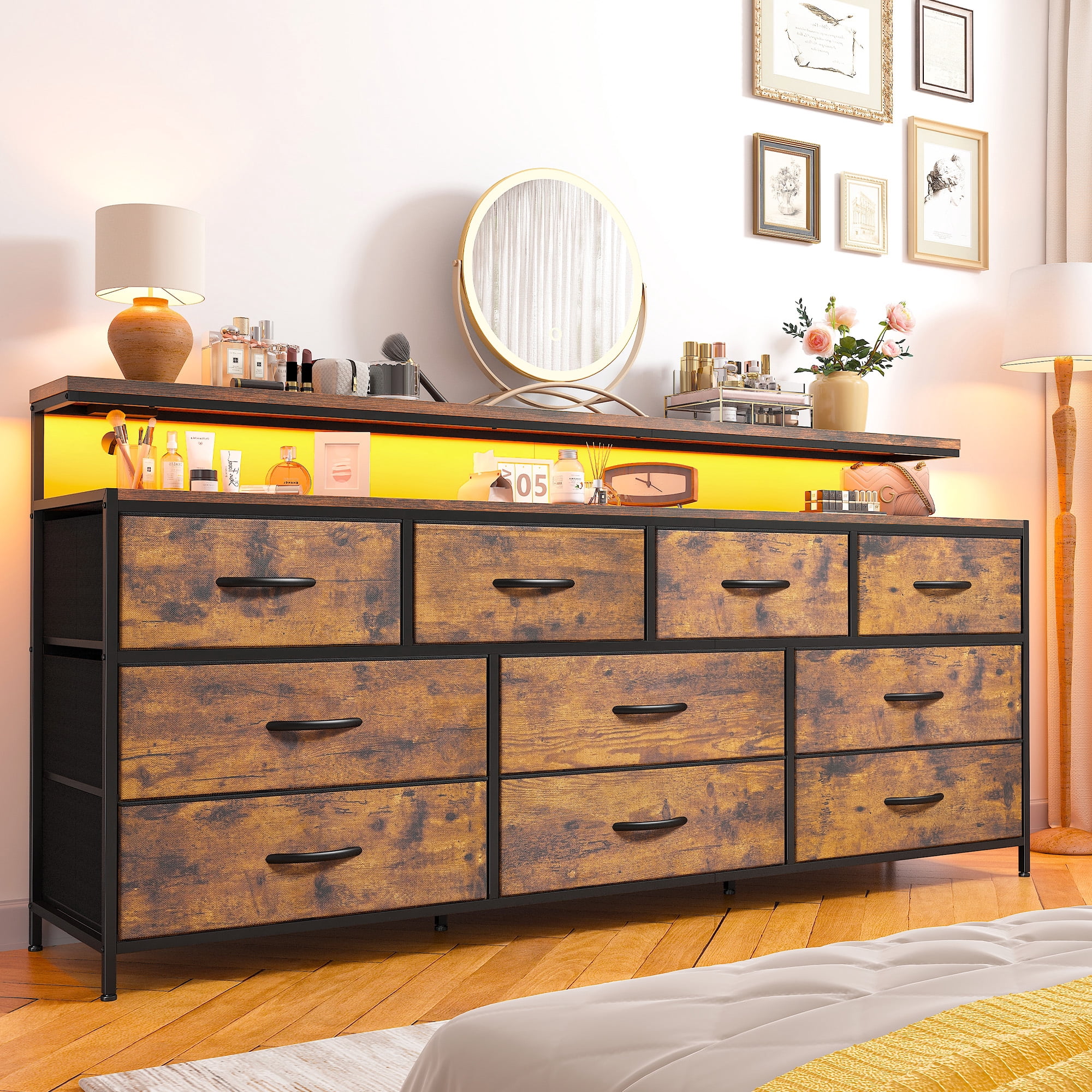 EnHomee 55"Long Dresser for Bedroom 10 Drawers Wide Dresser with LED Nights and Charging Station Fabric Dressers & Chests of Drawers,Rustic Brown