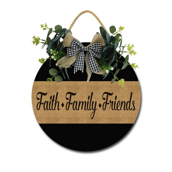 Faith Family Friends Front Door Sign Funny Wreaths Hanging Wooden Plaque Decoration Round Rustic Wood Farmhouse Porch Decor for Home Front Door Decor, 11 x 11 Inch