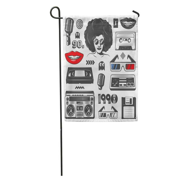 POGLIP Vintage 90S Boombox Console Woman Microphone Diskette Cassete Glasses Game Garden Flag Decorative Flag House Banner 12x18 inch