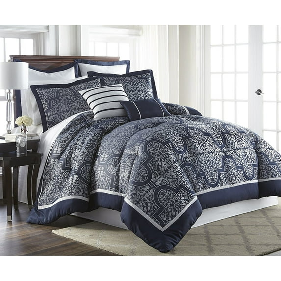 Unique Home Mayan Comforter Set 7 Piece Collections Bed Set Nature Floral Design Style Bedding Clearance Comforter Super Soft (King, Navy)