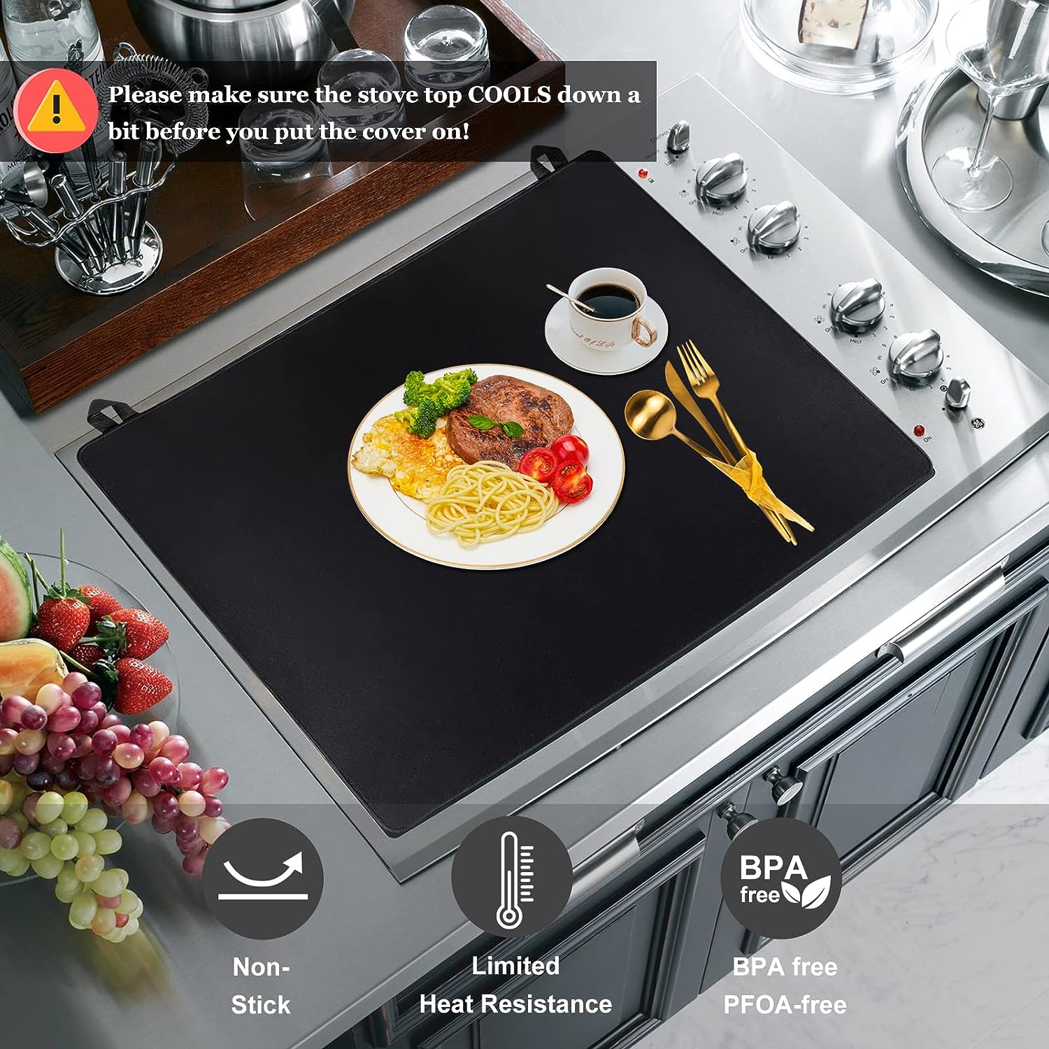 Stove Top Cover, 21" x 28.5" Electric Stove Cover Mat, Glass Stove Protector with 2 Pcs Stove Gap Guard, Washable Rubber Easy to Clean, Black
