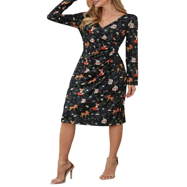 Robe à Motif Cartoon pour Femmes avec Manches Longues et Col en V Parfaite pour Noël