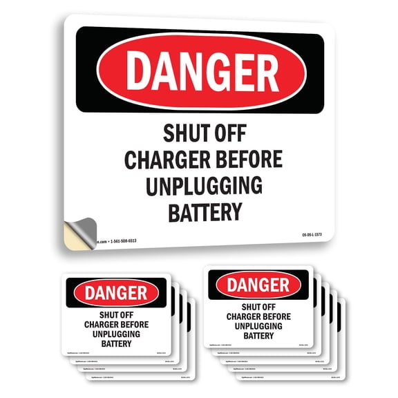 Shut Off Charger Before Unplugging Battery OSHA Danger Vinyl Decal Label 14 Inch x 10 Inch - 10 Pack