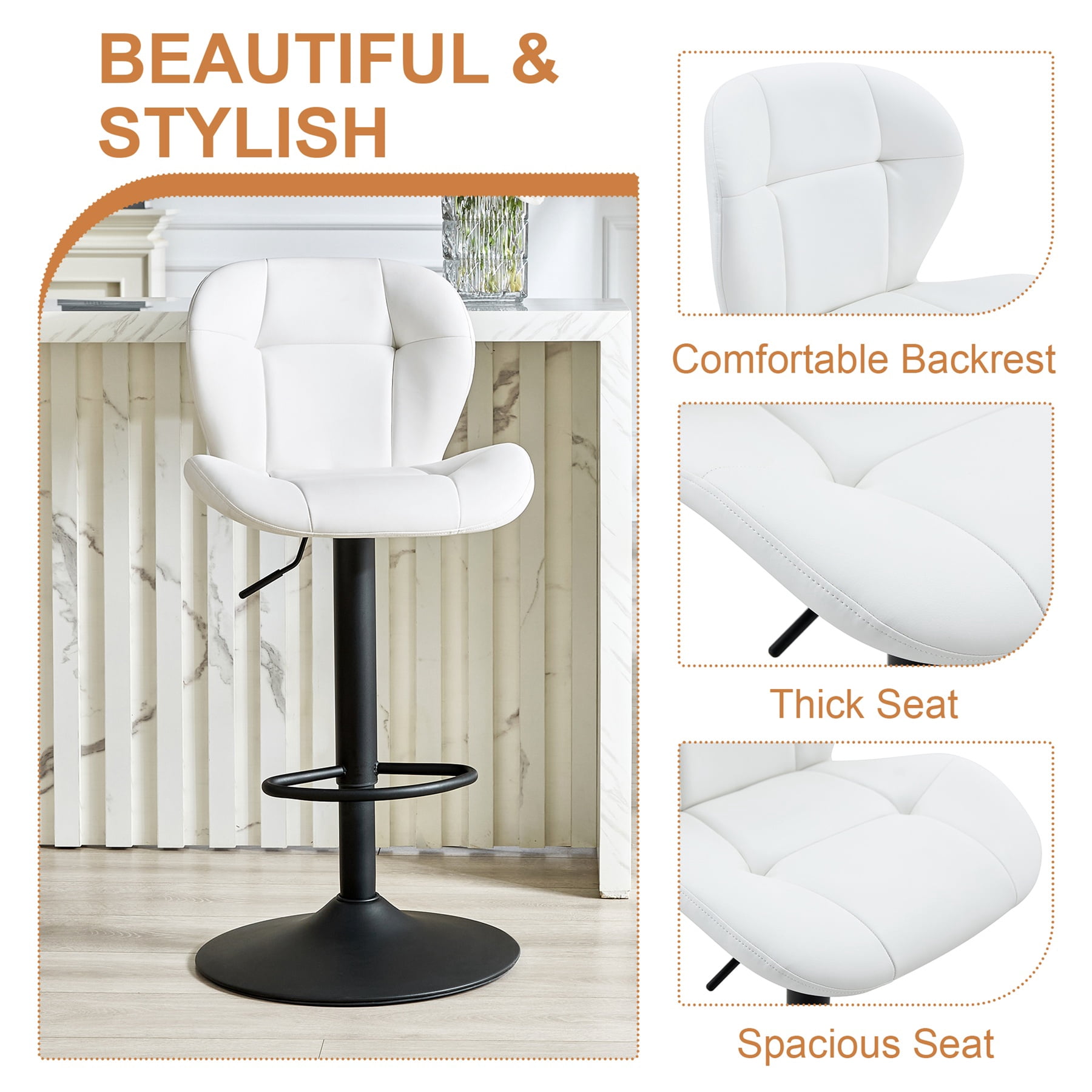 Alvantor Adjustable Bar Stools Set of 2 Modern Leather Swivel Bar Stools Counter Height Bar Chairs for Kitchen Island White