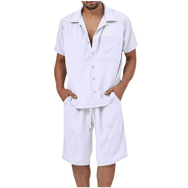 NTACZA Button Down 2 Pieces Mens Stretch Short Sleeve Tracksuits Collared Elastic Waist Mens Sweatsuits 2X