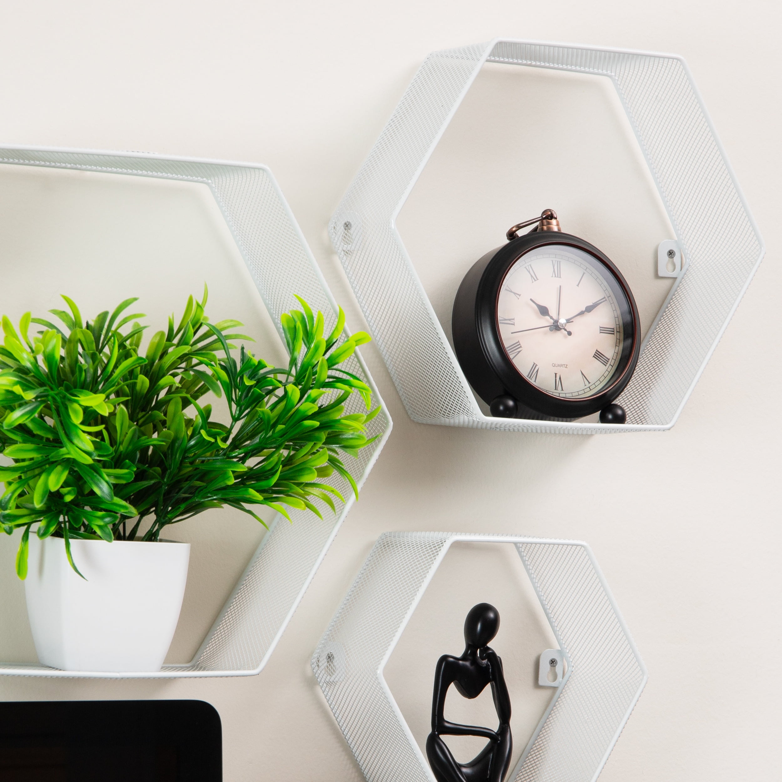 Mind Reader Hexagon Floating Shelves, Wall Decor, Honeycomb Accent Shelf, Office, Metal Mesh, 14"L x 4"W x 12"H, Set of 3, White