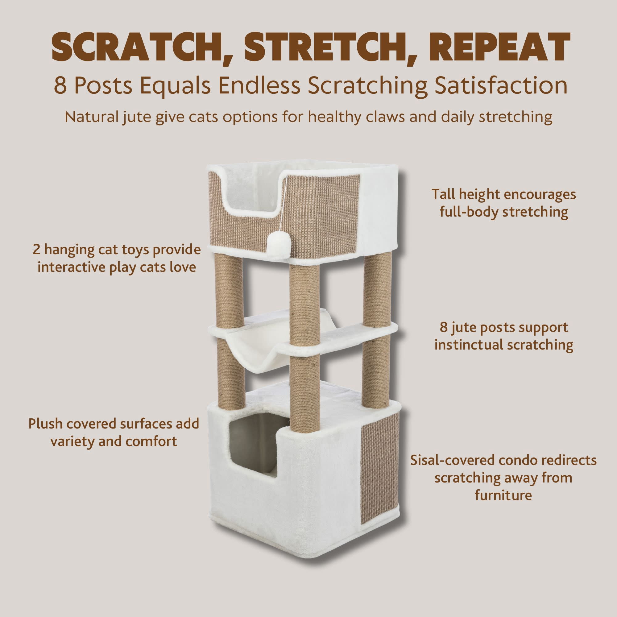TRIXIE Lucano Xxl 43.3" Multi-Level Cat Tree with Sisal Scratching Posts, Condo & Hanging Cat Toy, Taupe