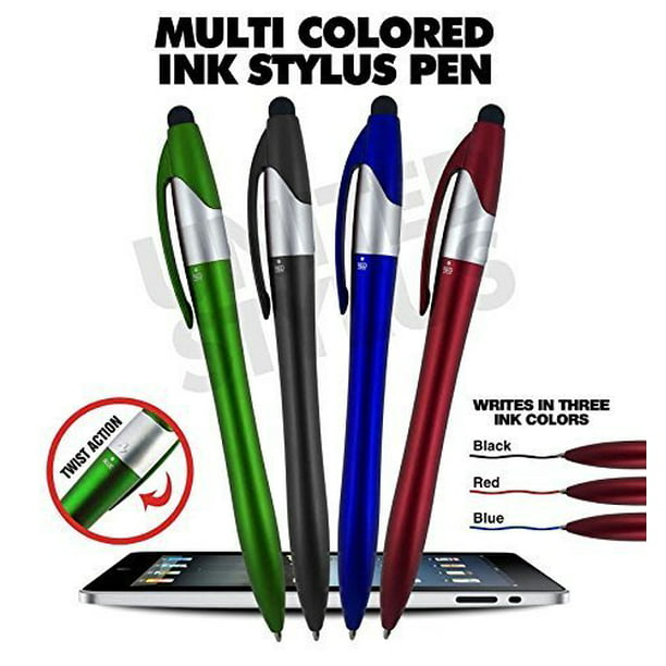 3 Color ink Ball Pens and Stylus for Universal Touch screen Devices, Each pen writes in 3-Colors Ink(Black,Red,Blue) Pen Barrel colors,Red,Green, Blue, Orange,Lt. Blue and Black, By SyPen (12 Pack) -