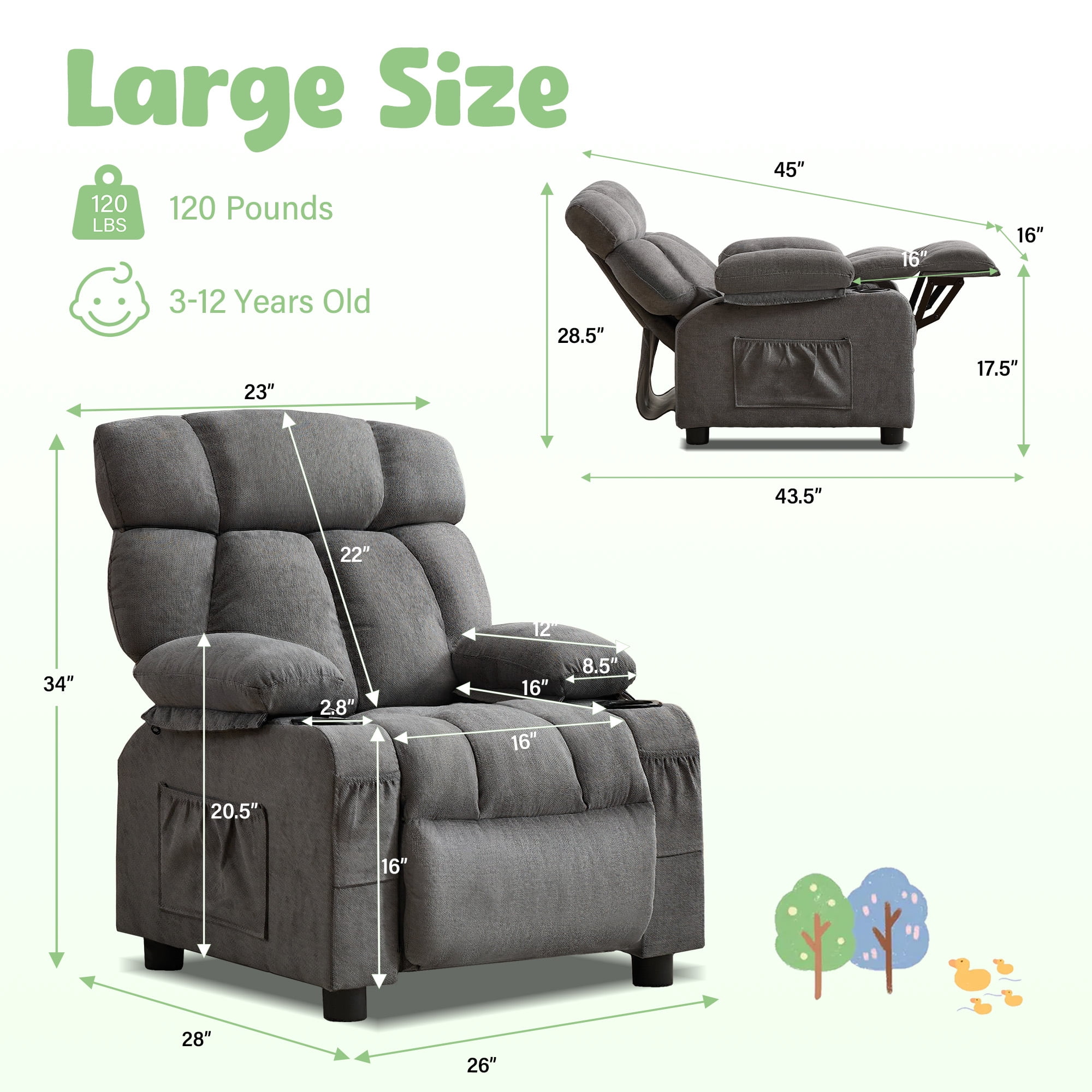 JONPONY Kids Recliner Chair,Push Back Toddler Recliner with Cup Holders & Side Pockets,Adjustable Footrest & Headrest Kids Sofa for Boys Girls 3+ Age Group, Grey