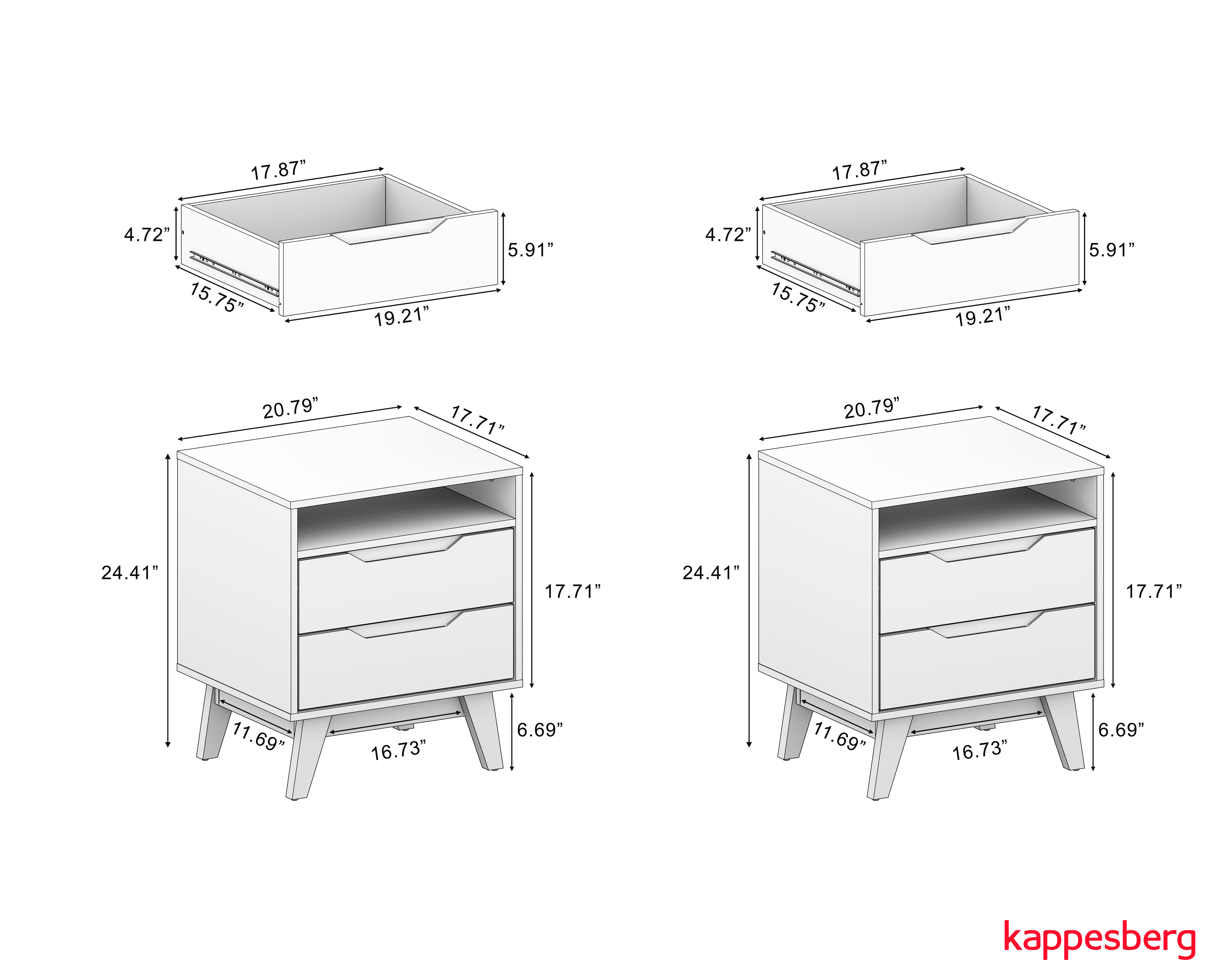 Kappesberg Paris 2-Piece Nightstand Set with 2 Drawers Open Shelf and Built-in Handles White – Modern Bedroom Storage
