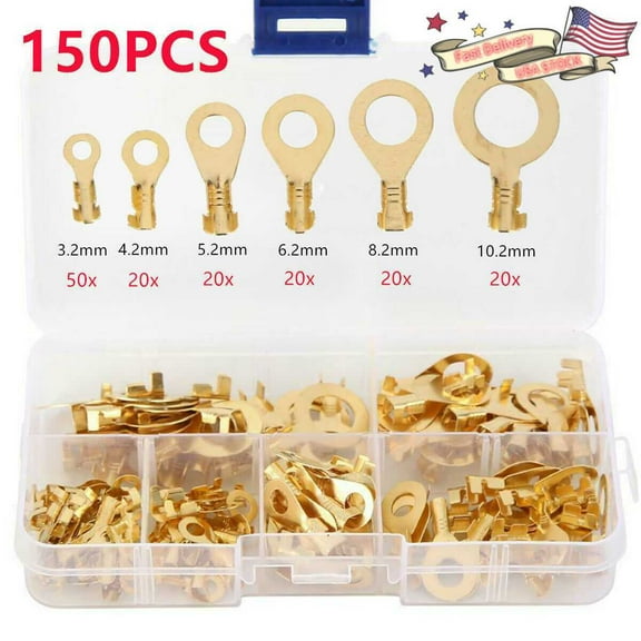 150PCS Brass Crimp Ring Terminals Kit Cable Wire Connectors Spade Electrical Set